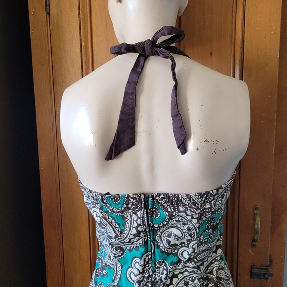 Y2K Whimsigoth Paisley Halter Dress With Tulle Hem Teal And Brown Medium - Picture 6 of 15